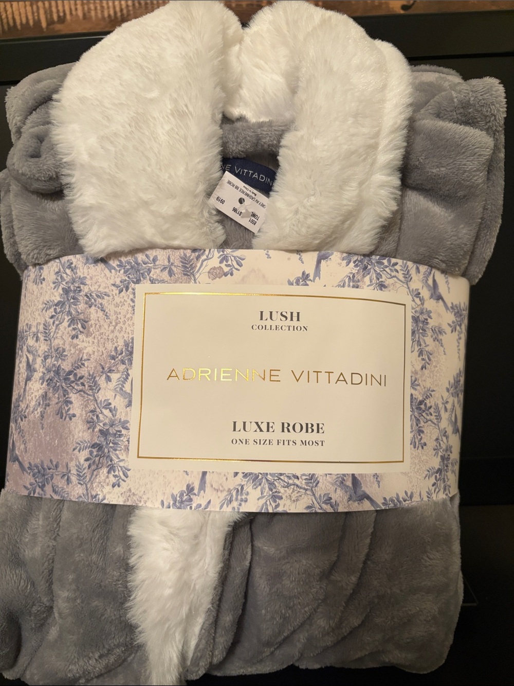 Adrienne Vittadini Gray Plush Robe with White Faux-Fur Collar